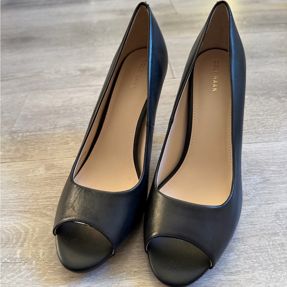Cole Haan Women's Black Leather Open Toe Heels